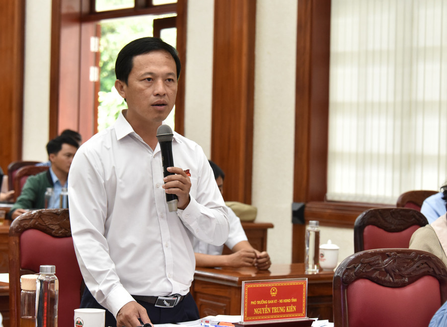 Phó Trưởng ban Kinh tế-Ngân sách HĐND tỉnh Nguyễn Trung Kiên chất vấn về Quỹ Phát triển đất tỉnh. Ảnh: Đức Thụy