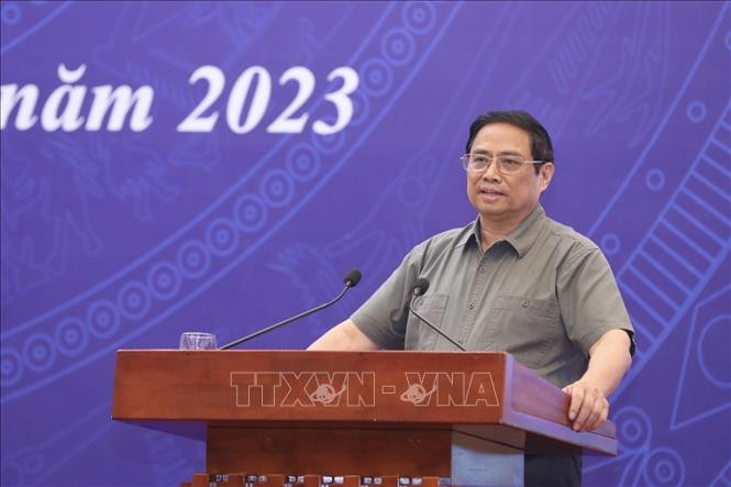 Thủ tướng Phạm Minh Chính dự và phát biểu tại Hội nghị tổng kết năm học 2022-2023, triển khai nhiệm vụ năm học 2023-2024. Ảnh: Dương Giang/TTXVN