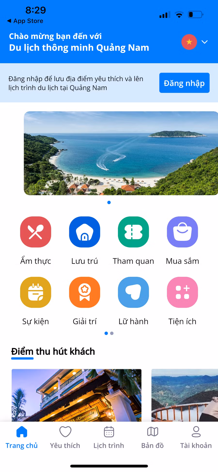 Giao diện của ứng dụng QuangNam Tourism khá thân thiện với người dùng. Ảnh chụp màn hình