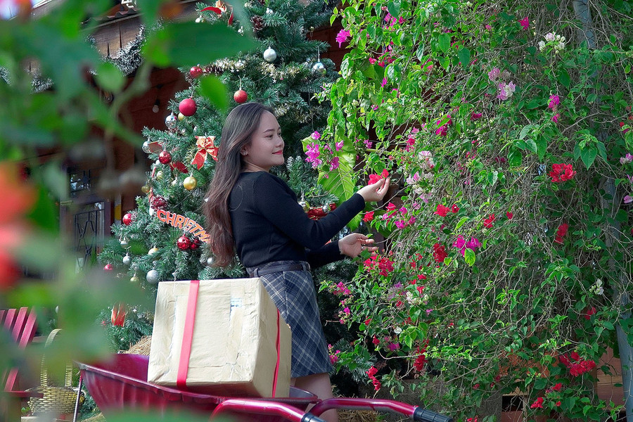 Quán Cà phê Findi Farm có không gian thoáng đãng trong lành cũng được trang hoàng những tiểu cảnh noel bắt mắt.