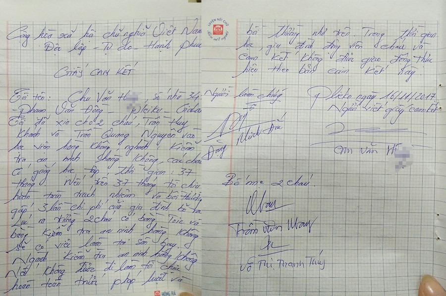 Giấy cam kết viết tay của ông H. về việc xin việc làm cho con ông Trần Văn May (TP. Pleiku) và Mặt sau giấy cam kết. Ảnh: Minh Phương
