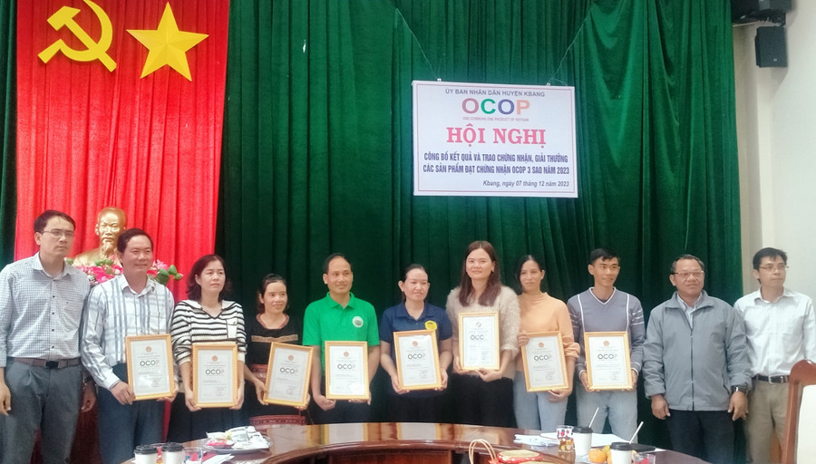 Lãnh đạo UBND huyện trao chứng nhận cho các chủ thể của sản phẩm OCOP 3 sao cấp huyện. Ảnh: Hồng Hạnh Lãnh đạo UBND huyện trao chứng nhận cho các chủ thể của sản phẩm OCOP 3 sao cấp huyện. Ảnh: Hồng Hạnh