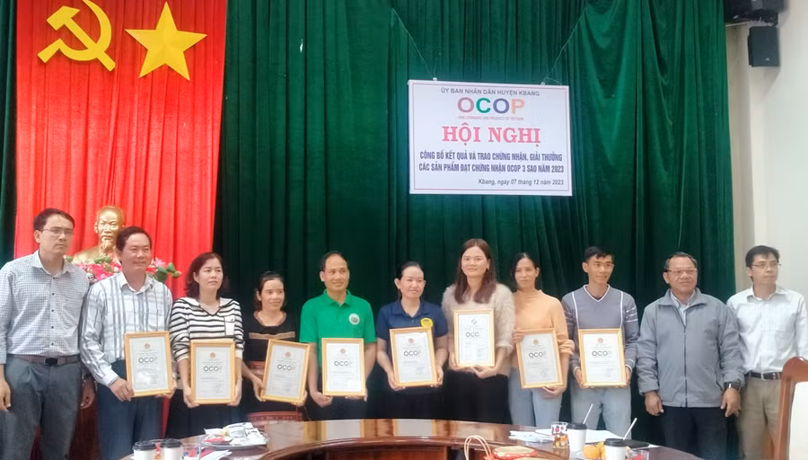 Lãnh đạo UBND huyện trao chứng nhận cho các chủ thể của sản phẩm OCOP 3 sao cấp huyện. Ảnh: Hồng Hạnh