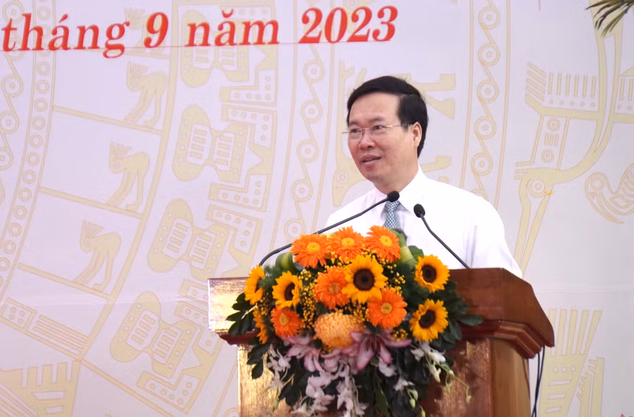 Chủ tịch nước Võ Văn Thưởng phát biểu tại lễ khai giảng của Trường Phổ thông Dân tộc nội trú tỉnh Gia Lai. Ảnh: Đức Thụy