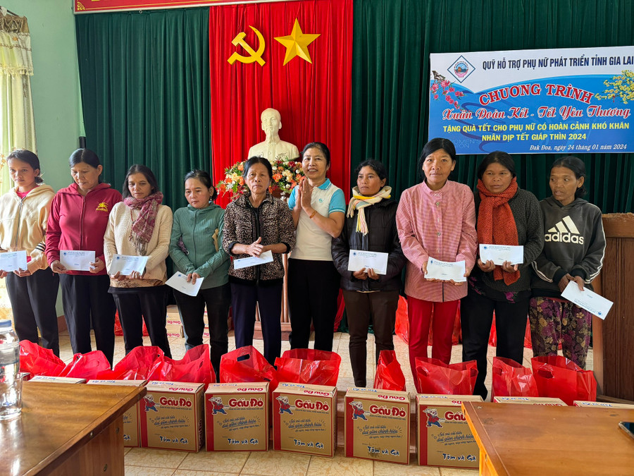 Lãnh đạo Quỹ hỗ trợ phụ nữ phát triển tỉnh Gia Lai tặng quà cho phụ nữ huyện Đak Đoa. Ảnh: N.A