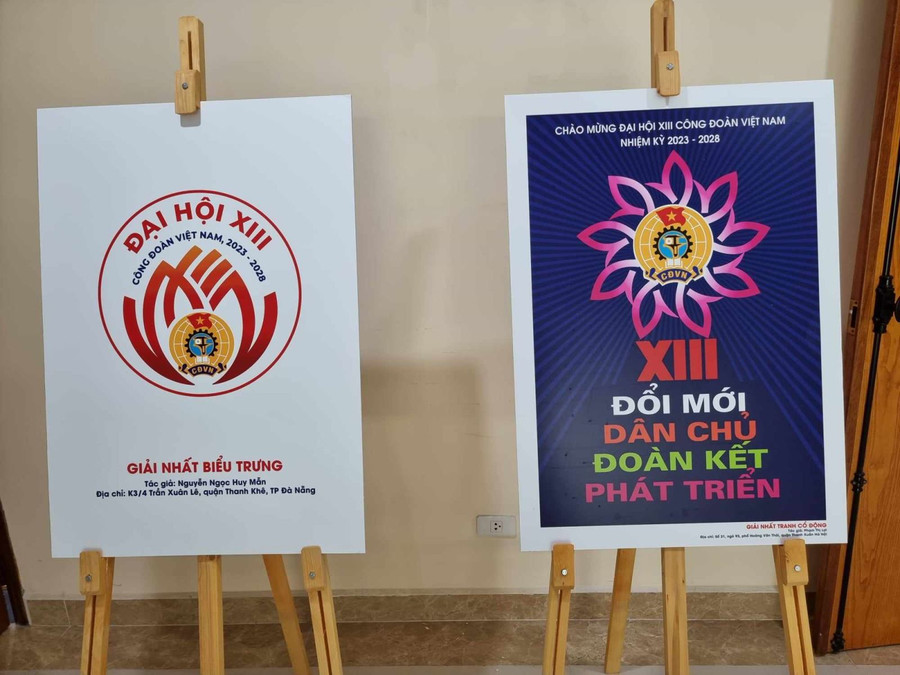 Hai tác phẩm đạt giải Nhất hạng mục biểu trưng và tranh cổ động. Ảnh nguồn Báo Tin Tức