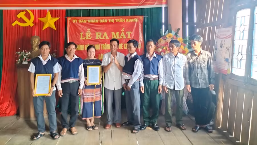 Các thành viên Nông hội trồng cà phê xen mắc ca làng Groi. Ảnh: Minh Ngân