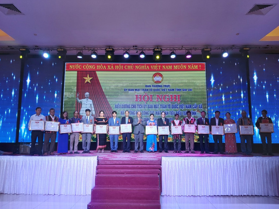 Lãnh đạo Mặt trận tỉnh trao bằng khen cho các cá nhân có thành tích tiêu biểu trong giai đoạn 2017-2022. Ảnh: Ngọc Anh