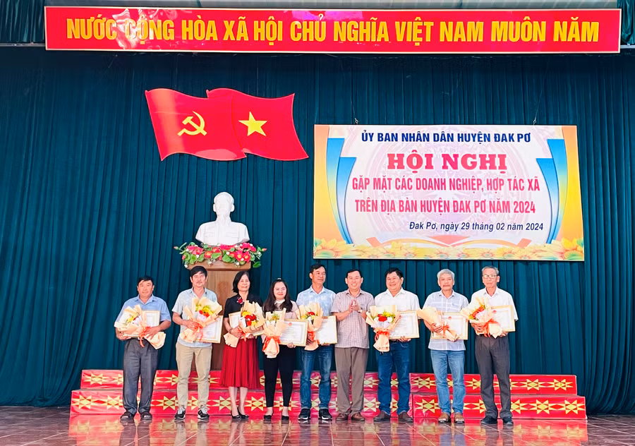 Chủ tịch UBND huyện Đak Pơ đã tặng giấy khen cho 9 doanh nghiệp, HTX tiêu biểu. Ảnh: Nguyễn Hiền