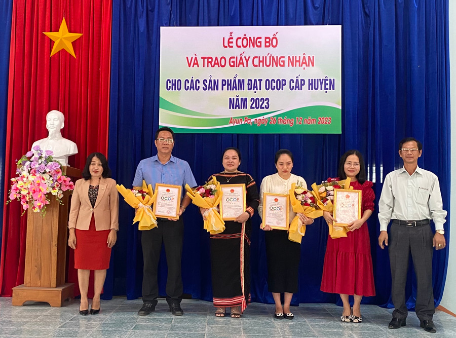 Lãnh đạo UBND huyện trao giấy chứng nhận OCOP 3 sao cho các chủ thể. Ảnh: Nguyễn Sang