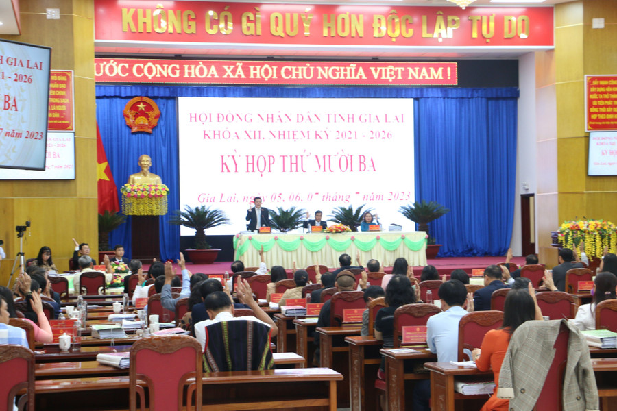 Đại biểu biểu quyết thông qua các nghị quyết trình tại kỳ họp thứ 13 HĐND tỉnh khóa XII. Ảnh: Quang Tấn