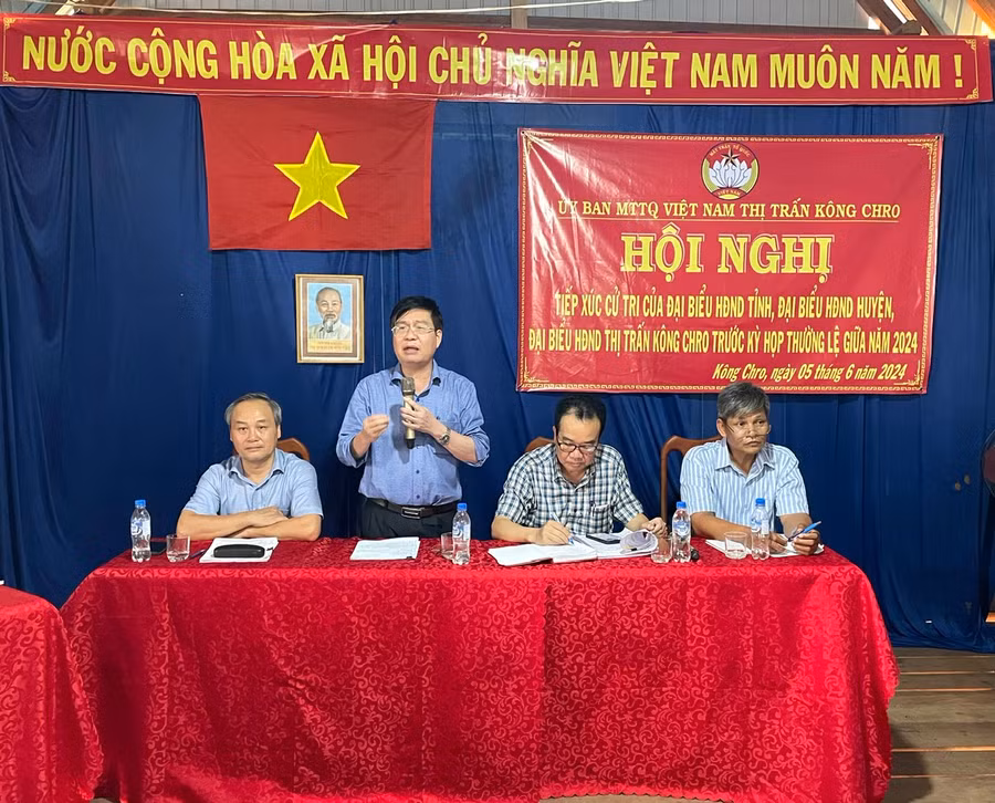 Trưởng ban Tổ chức Tỉnh ủy Huỳnh Quang Thái phát biểu tại buổi tiếp xúc cử tri. Ảnh: Phương Liên