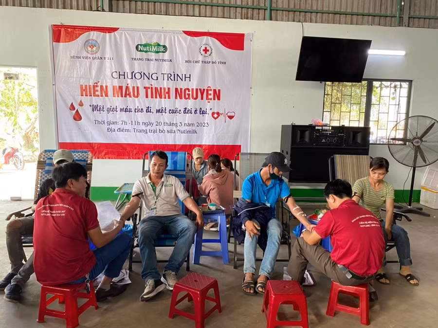 Công nhân Trang trại Bò sữa Nutimilk tham gia hiến máu. Ảnh: Hồng Ngọc