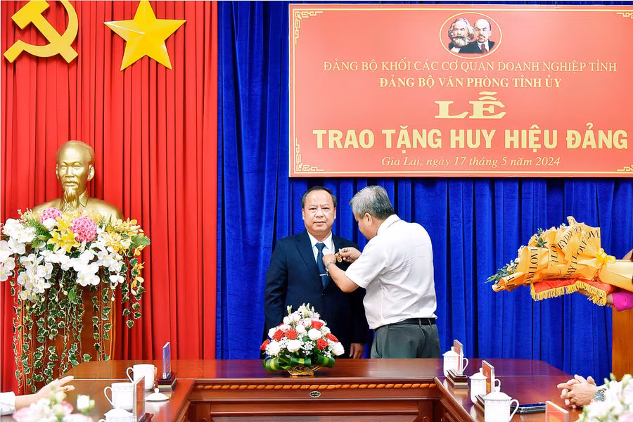 Đồng chí Châu Ngọc Tuấn-Phó Bí thư Thường trực Tỉnh ủy, Trưởng Đoàn đại biểu Quốc hội tỉnh vinh dự nhận Huy hiệu 30 năm tuổi Đảng. Ảnh: Đức Thụy