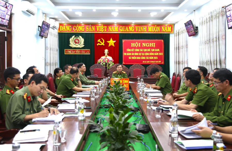 Quang cảnh hội nghị tại điểm cầu Công an tỉnh Gia Lai. Ảnh: Bảo Hân