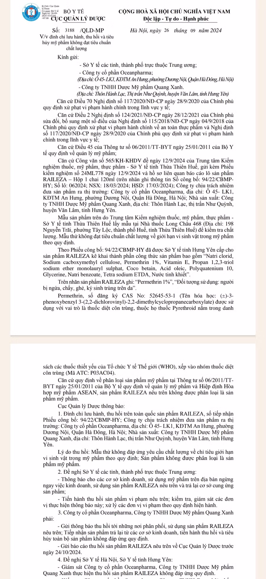 Công văn 3188/QLD-MP của Cục Quản lý Dược