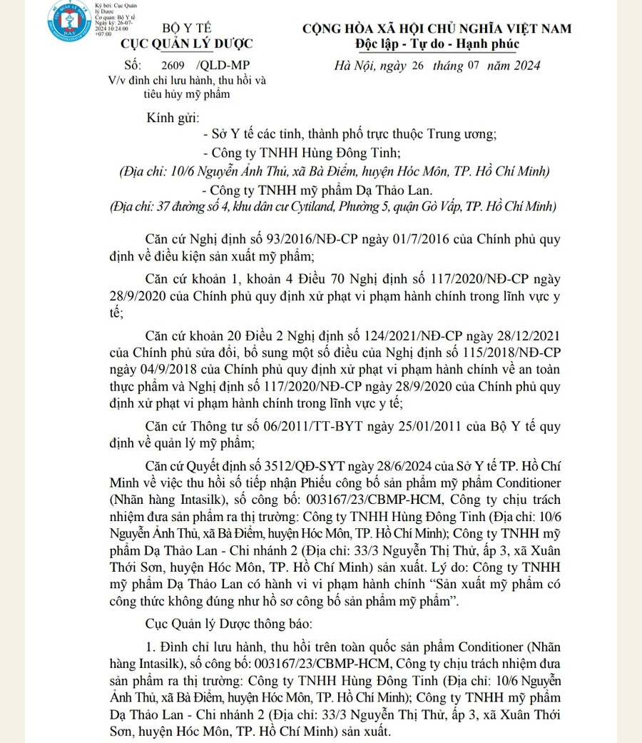 Công văn 2609/QLD-MP của Cục Quản lý dược. Ảnh: Huỳnh Lê