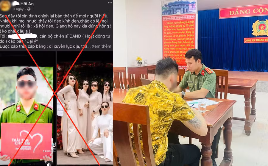 Xử phạt nam thanh niên sử dụng mạng xã hội đăng bài viết kèm hình ảnh cắt ghép trang phục của lực lượng công an. Ảnh C.A Xử phạt nam thanh niên sử dụng mạng xã hội đăng bài viết kèm hình ảnh cắt ghép trang phục của lực lượng công an. Ảnh C.A