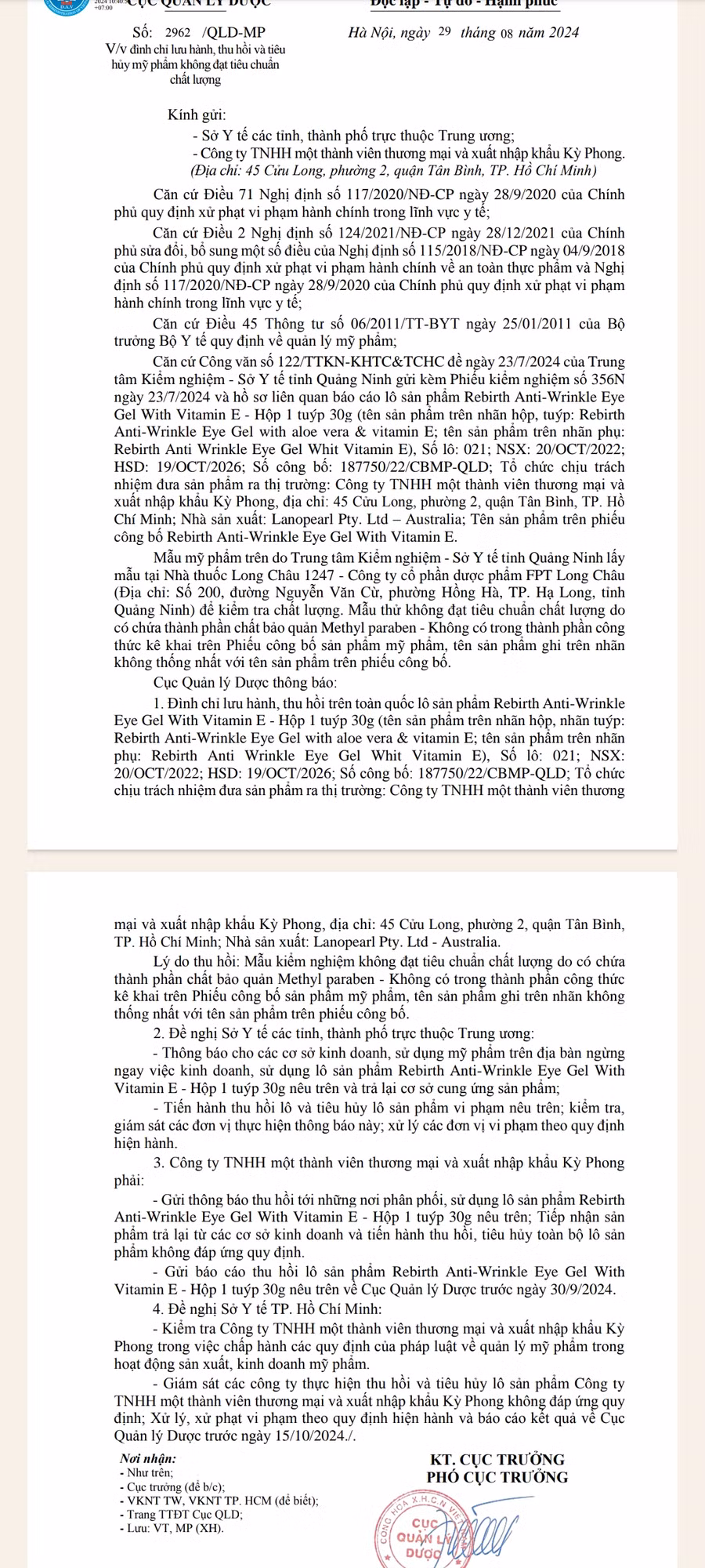 Công văn số 2962/QLD-MP của Cục Quản lý Dược