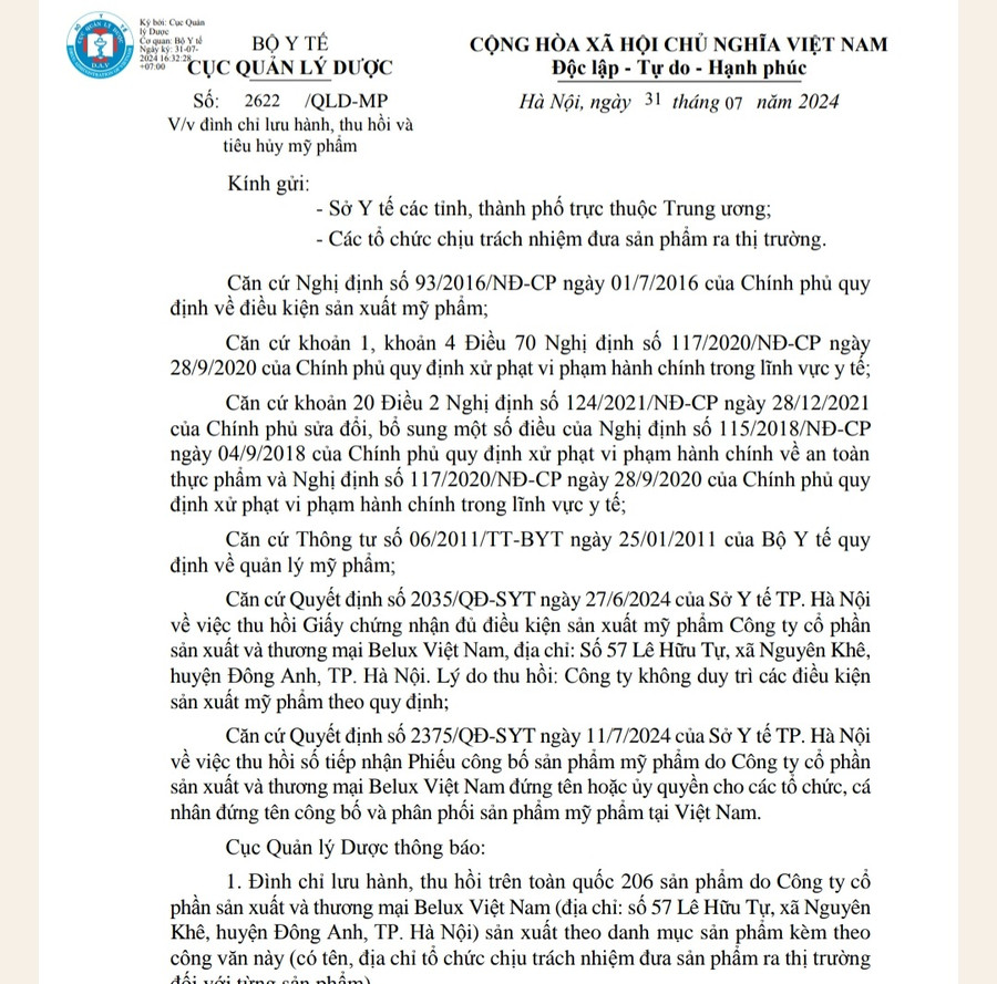Công văn số 2622/QLD-MP của Cục Quản lý dược. Ảnh:Huỳnh Lê Công văn số 2622/QLD-MP của Cục Quản lý dược. Ảnh:Huỳnh Lê