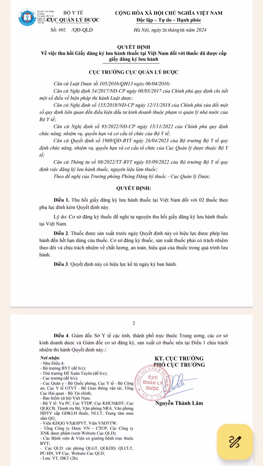 Quyết định số 602/QĐ-QLD của Cục Quản lý Dược