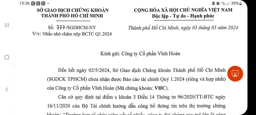 Công văn số 777/SGDHCM-NY của Sở Giao dịch Chứng khoán TP. Hồ Chí Minh nhắc nhở Công ty cổ phần Vĩnh Hoàn