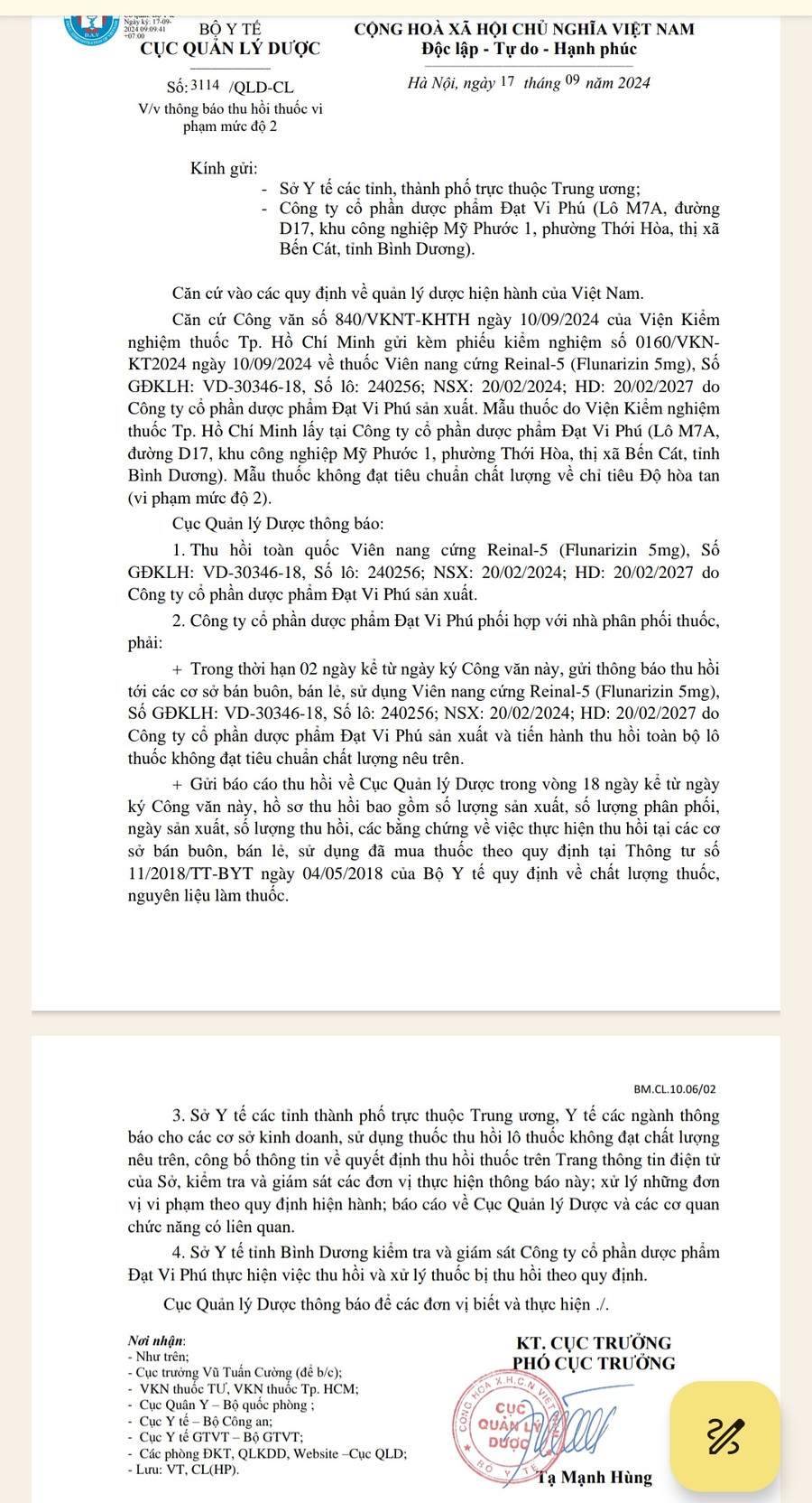 Công văn số 3114/QLD-CL ngày 17-9-2024 của Cục Quản lý Dược