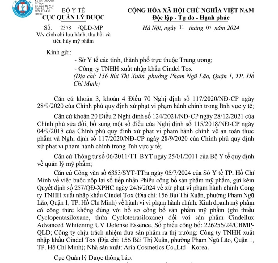 Công văn số 2378/QLD-MP về việc đình chỉ lưu hành, thu hồi và tiêu hủy mỹ phẩm Công văn số 2378/QLD-MP về việc đình chỉ lưu hành, thu hồi và tiêu hủy mỹ phẩm