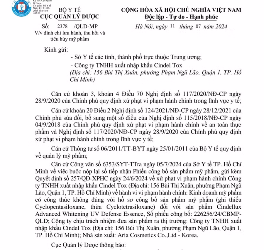Công văn số 2378/QLD-MP về việc đình chỉ lưu hành, thu hồi và tiêu hủy mỹ phẩm