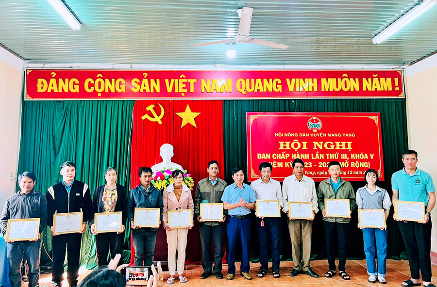 Tặng giấy khen của Ban Chấp hành Hội Nông dân huyện Mang Yang cho các tập thể và cá nhân có thành tích xuất sắc trong công tác Hội và phong trào ND năm 2023. Ảnh Thanh Nhật