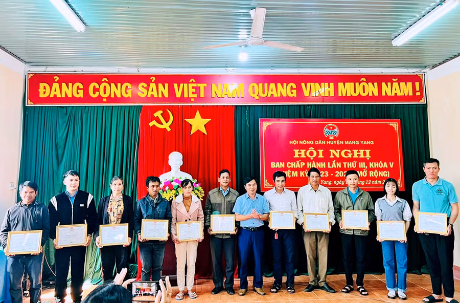 Tặng giấy khen của Ban Chấp hành Hội Nông dân huyện Mang Yang cho các tập thể và cá nhân có thành tích xuất sắc trong công tác Hội và phong trào ND năm 2023. Ảnh Thanh Nhật