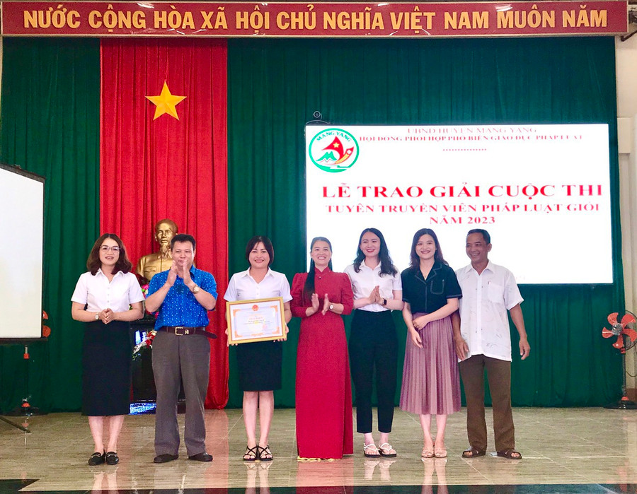 Đội thị trấn Kon Dơng đạt giải nhất Cuộc thi “tuyên truyền viên pháp luật giỏi” năm 2023 của huyện Mang Yang và giải đội có phần thi thuyết trình hay nhất. Ảnh Thanh Nhật