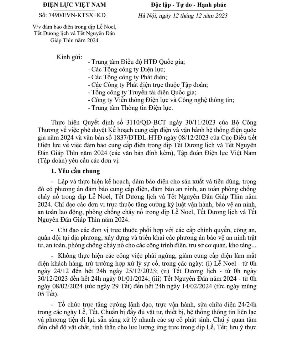 Công văn số 7490/EVN-KTSX-+KD. Ảnh: Huỳnh Lê Công văn số 7490/EVN-KTSX-+KD. Ảnh: Huỳnh Lê