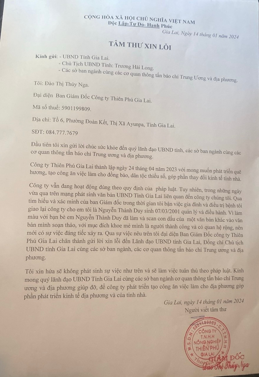 Tâm thư được cho là của bà Đào Thị Thúy Nga người đại diện Ban Giám đốc công ty TNHH Nông nghiệp Thiên Phú Gia Lai