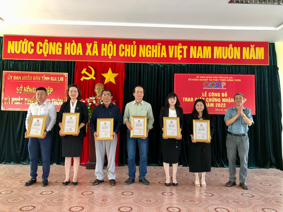 Đại diện lãnh đạo Sở Nông nghiệp và PTNT trao chứng nhận cho các chủ thể có sản phẩm đạt OCOP 4 sao. Ảnh Lê Nam Đại diện lãnh đạo Sở Nông nghiệp và PTNT trao chứng nhận cho các chủ thể có sản phẩm đạt OCOP 4 sao. Ảnh Lê Nam