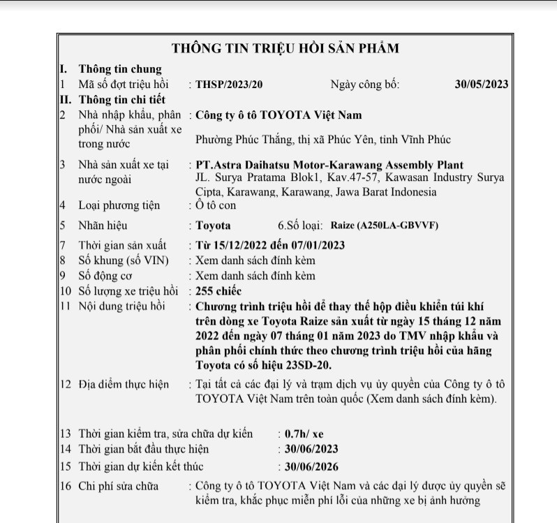 Thông báo triệu hồi được đăng tải trên website Cục Đăng kiểm Việt Nam