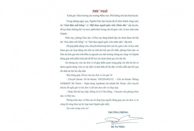 Ông Hà Tự Nhiên-Trưởng phòng GD-ĐT huyện Bá Thước gửi Thư ngỏ cho các trường.