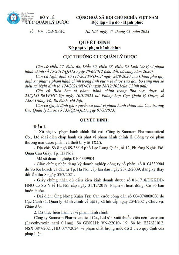 Quyết định số 166/QĐ-XPHC của Cục Quản lý dược. Quyết định số 166/QĐ-XPHC của Cục Quản lý dược.