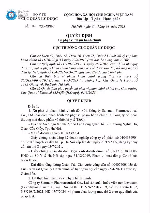 Quyết định số 166/QĐ-XPHC của Cục Quản lý dược.