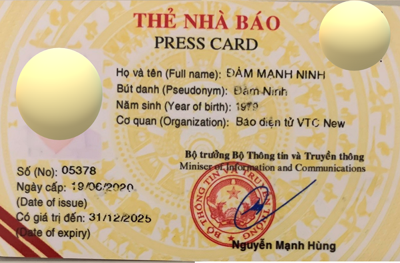 Thẻ Nhà báo giả do Đàm Mạnh Ninh sử dụng. Thẻ Nhà báo giả do Đàm Mạnh Ninh sử dụng.