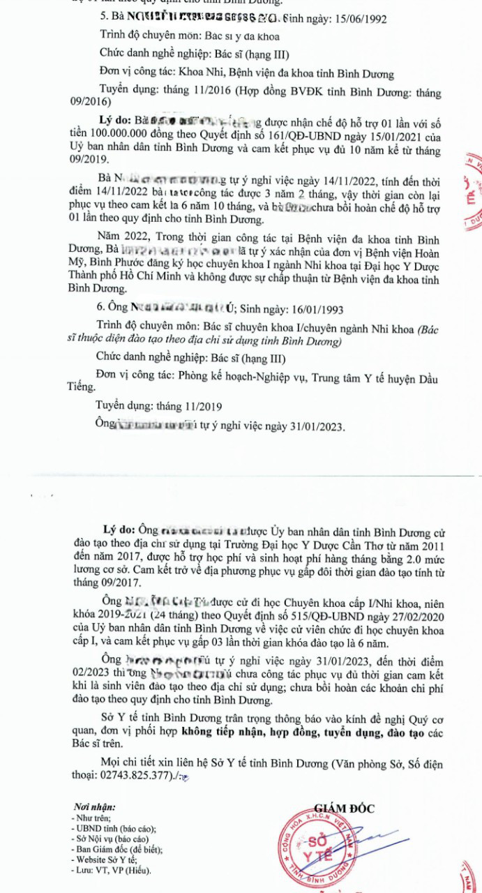 Văn bản của Sở Y tế tỉnh Bình Dương đề nghị không tiếp nhận, ký hợp đồng, tuyển dụng, đào tạo với một số trường hợp bác sĩ tự ý nghỉ việc sau khi nhận ưu đãi của ngân sách