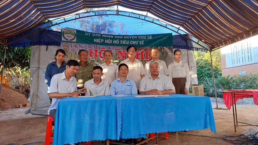 Hiệp hội Hồ tiêu Chư Sê, các doanh nghiệp và Chi hội hồ tiêu 2 xã Bar Măih và Bờ Ngoong ký biên bản ghi nhớ. Ảnh: Nguyễn Diệp