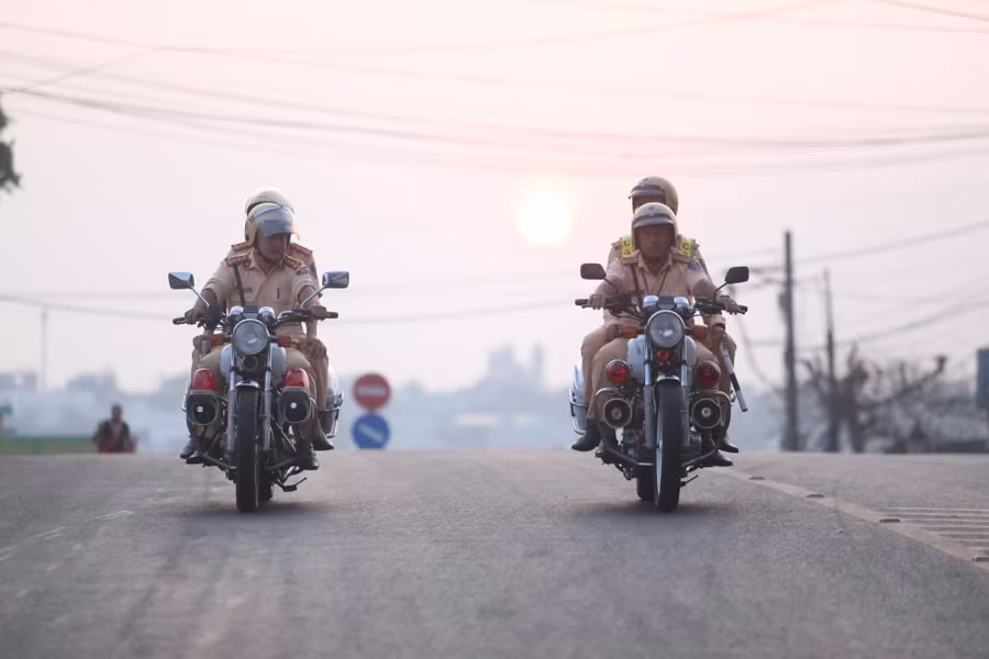 Lực lượng Cảnh sát Giao thông Công an huyện Ia Grai làm nhiệm vụ dẫn đoàn tại chương trình. Ảnh: Văn Ngọc