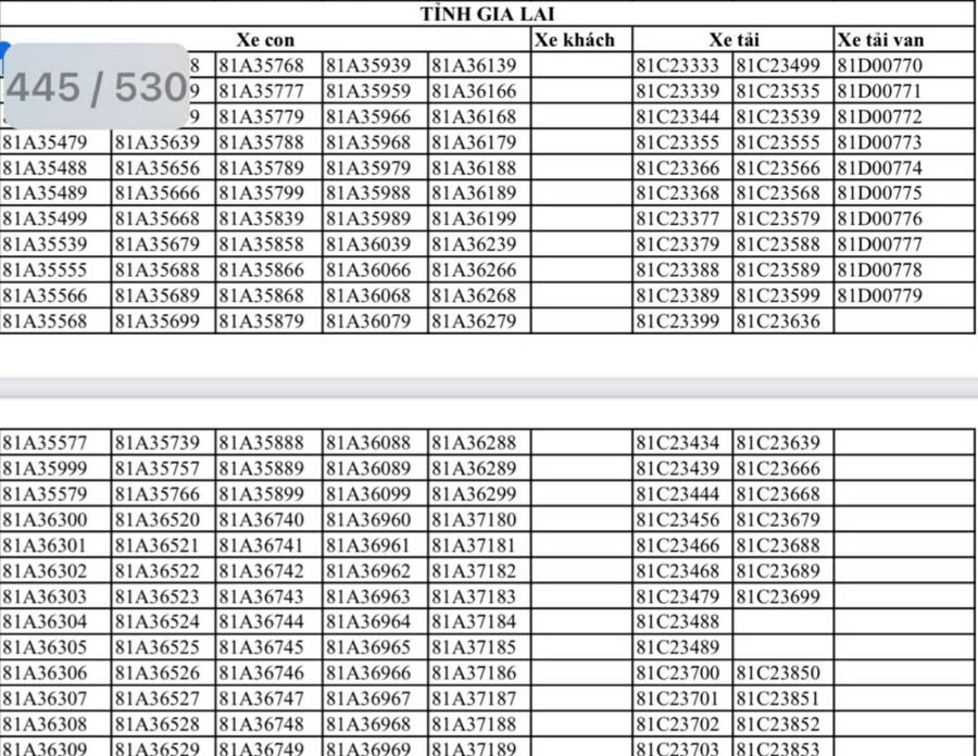 Một số biển kiểm soát xe của tỉnh Gia Lai trong danh sách của Cục Cảnh sát giao thông Bộ Công an phê duyệt để tham gia đấu giá. Ảnh: Hạ Vy