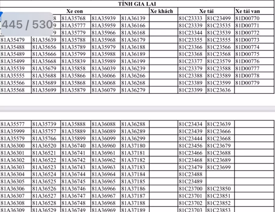 Một số biển kiểm soát xe của tỉnh Gia Lai trong danh sách của Cục Cảnh sát giao thông Bộ Công an phê duyệt để tham gia đấu giá. Ảnh: Hạ Vy