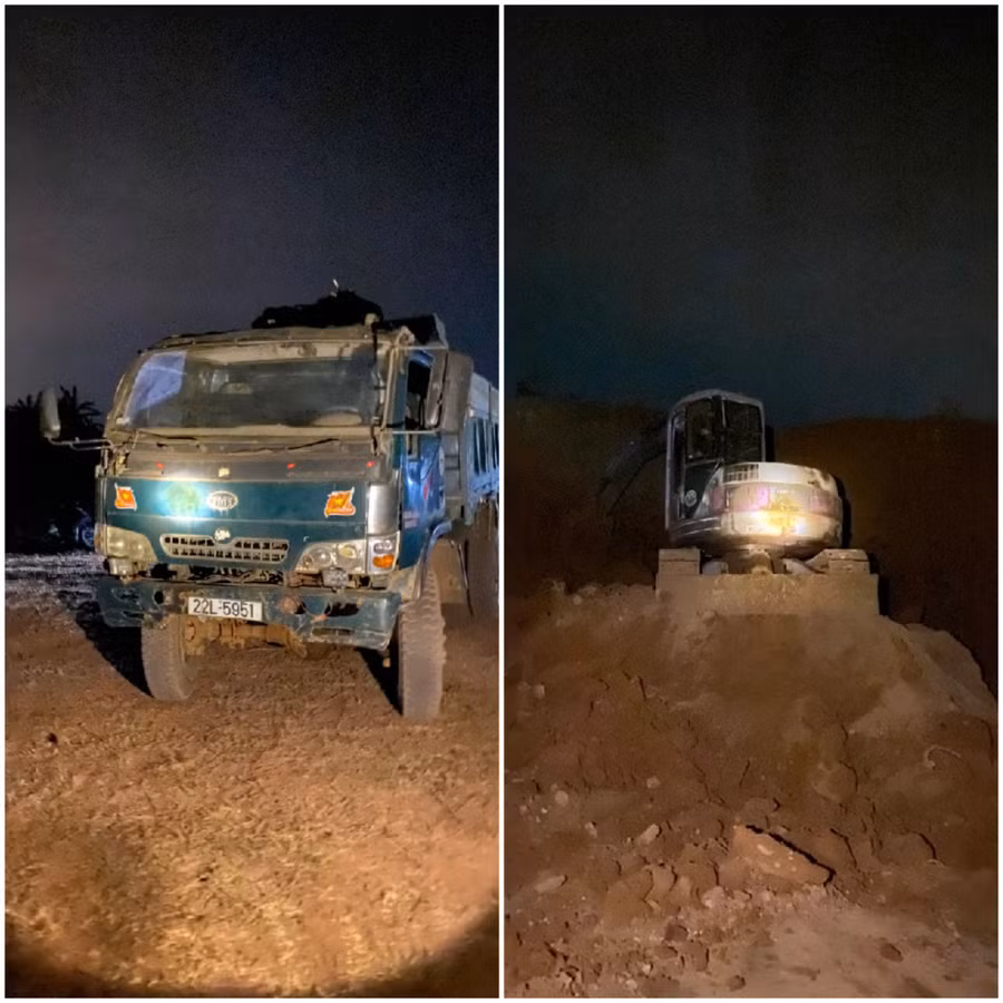 Các phương tiện bị bắt giữ khi khai thác đất tại thôn Hàm Rồng, xã Ia Băng. Ảnh: Hạ Vy