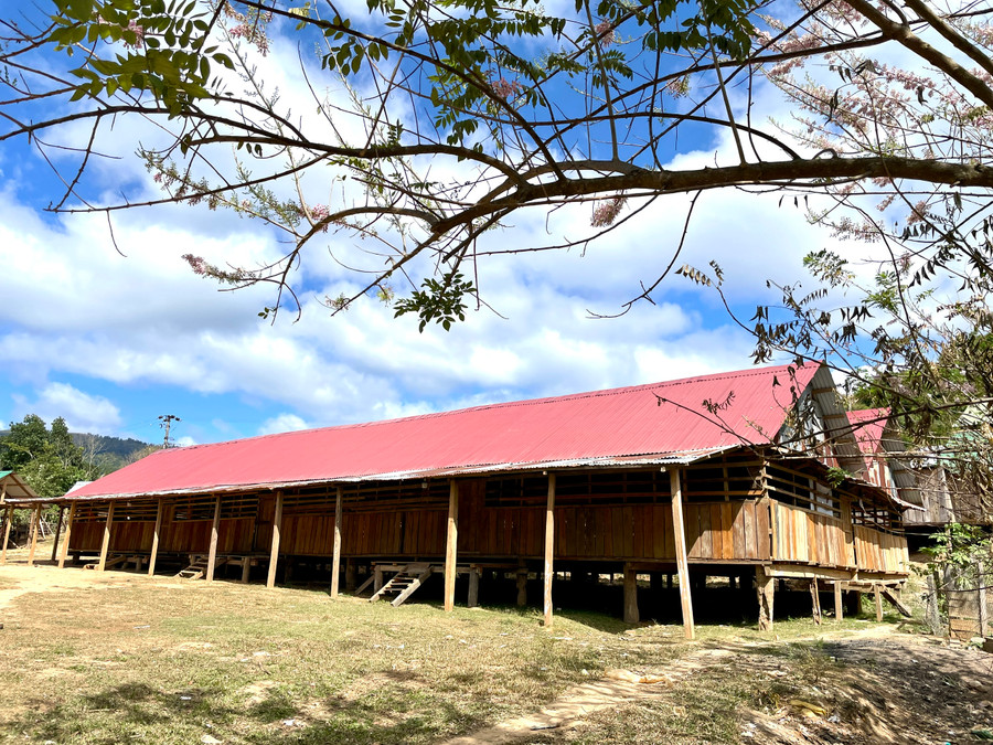 Nhà rông làng Kon Sơ Nglok sừng sững, bề thế cạnh hàng đỗ mai-loài hoa báo Xuân về. Ảnh: Lam Nguyên Nhà rông làng Kon Sơ Nglok sừng sững, bề thế cạnh hàng đỗ mai-loài hoa báo Xuân về. Ảnh: Lam Nguyên