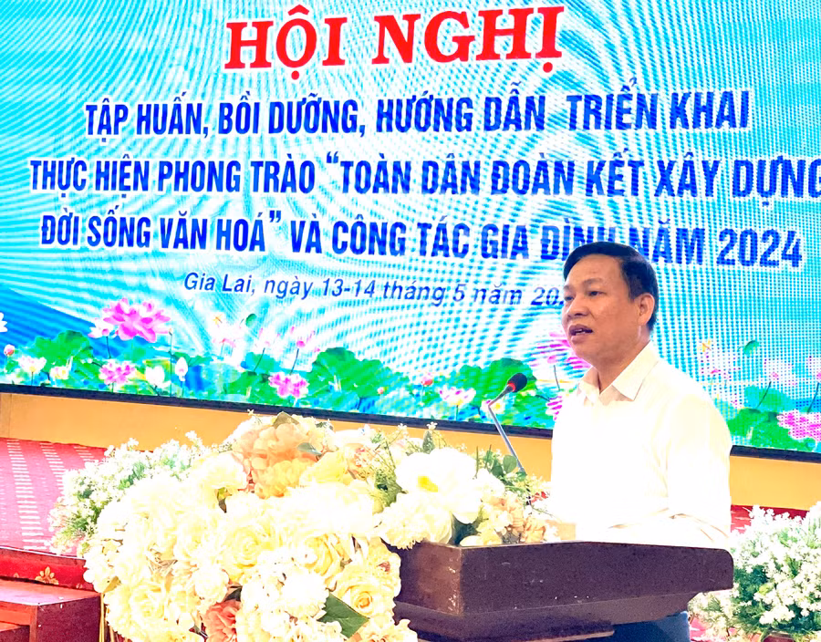 Phó Cục trưởng Cục Văn hóa cơ sở (Bộ Văn hóa-Thể thao và Du lịch) Lương Đức Thắng báo cáo một chuyên đề tại hội nghị. Ảnh: Lam Nguyên