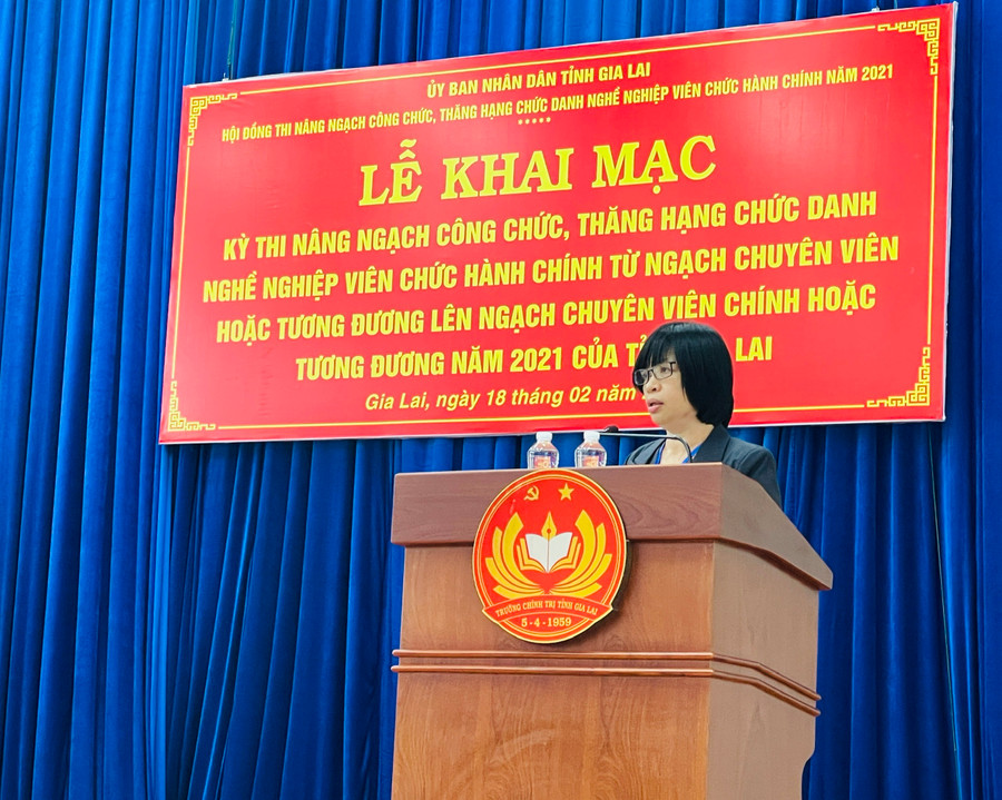 Bà Nguyễn Thị Thanh Lịch-Phó Chủ tịch UBND tỉnh, Chủ tịch Hội đồng thi-phát biểu khai mạc. Ảnh: Lam Nguyên Bà Nguyễn Thị Thanh Lịch-Phó Chủ tịch UBND tỉnh, Chủ tịch Hội đồng thi-phát biểu khai mạc. Ảnh: Lam Nguyên