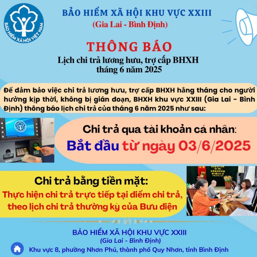 Thông báo của BHXH khu vực XXIII (Gia Lai- Bình Định) về việc chi trả lương hưu, trợ cấp BHXH hàng tháng cho người hưởng. Ảnh chụp màn hình z6673399839934-febeb0c54ead717d1453e50bda9d43f1.jpg